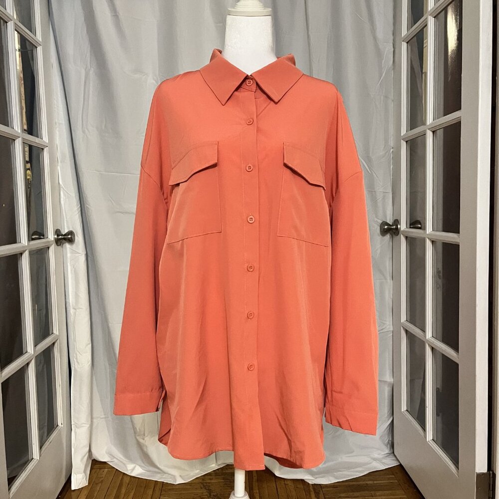 Light Coral Silky Button Down Shirt Womens Oversized 2XL